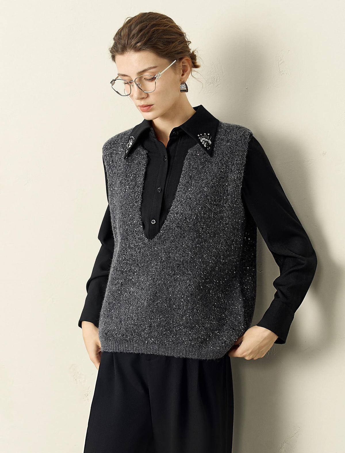 Grey Sparkle V-Neck Sweater Vest