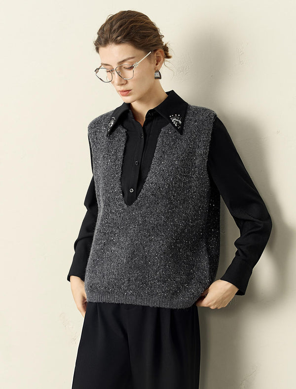 Grey Sparkle V-Neck Sweater Vest
