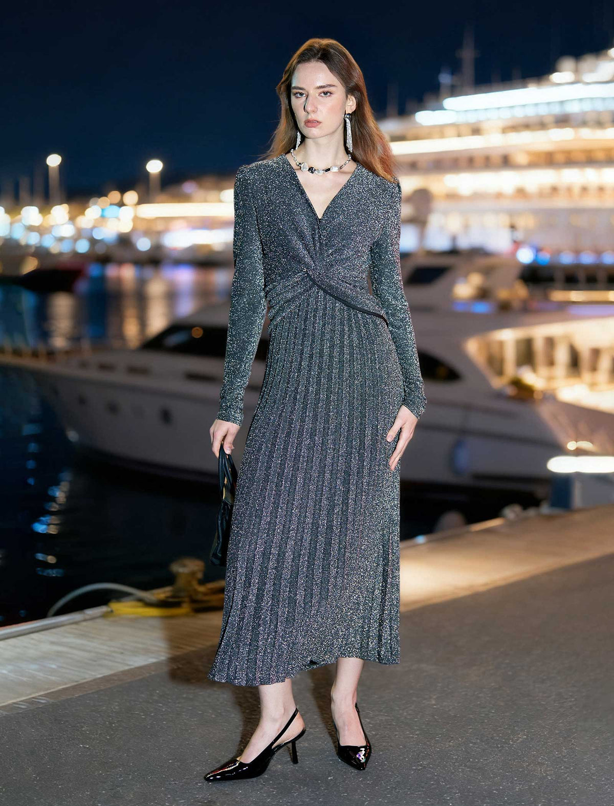 Twist-Front Metallic Long Sleeve Midi Dress