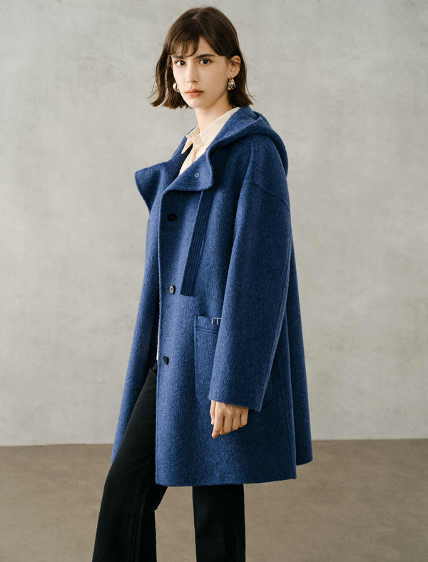 100% Wool Button-Front Hooded Coat