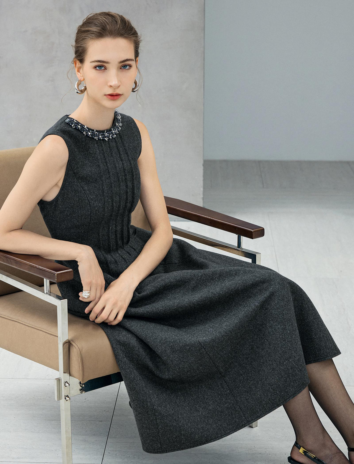 Beaded Crewneck Sleeveless Pleated A-Line Midi Dress