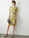 Yellow Floral 100% Mulberry Silk Belted Midi Dress