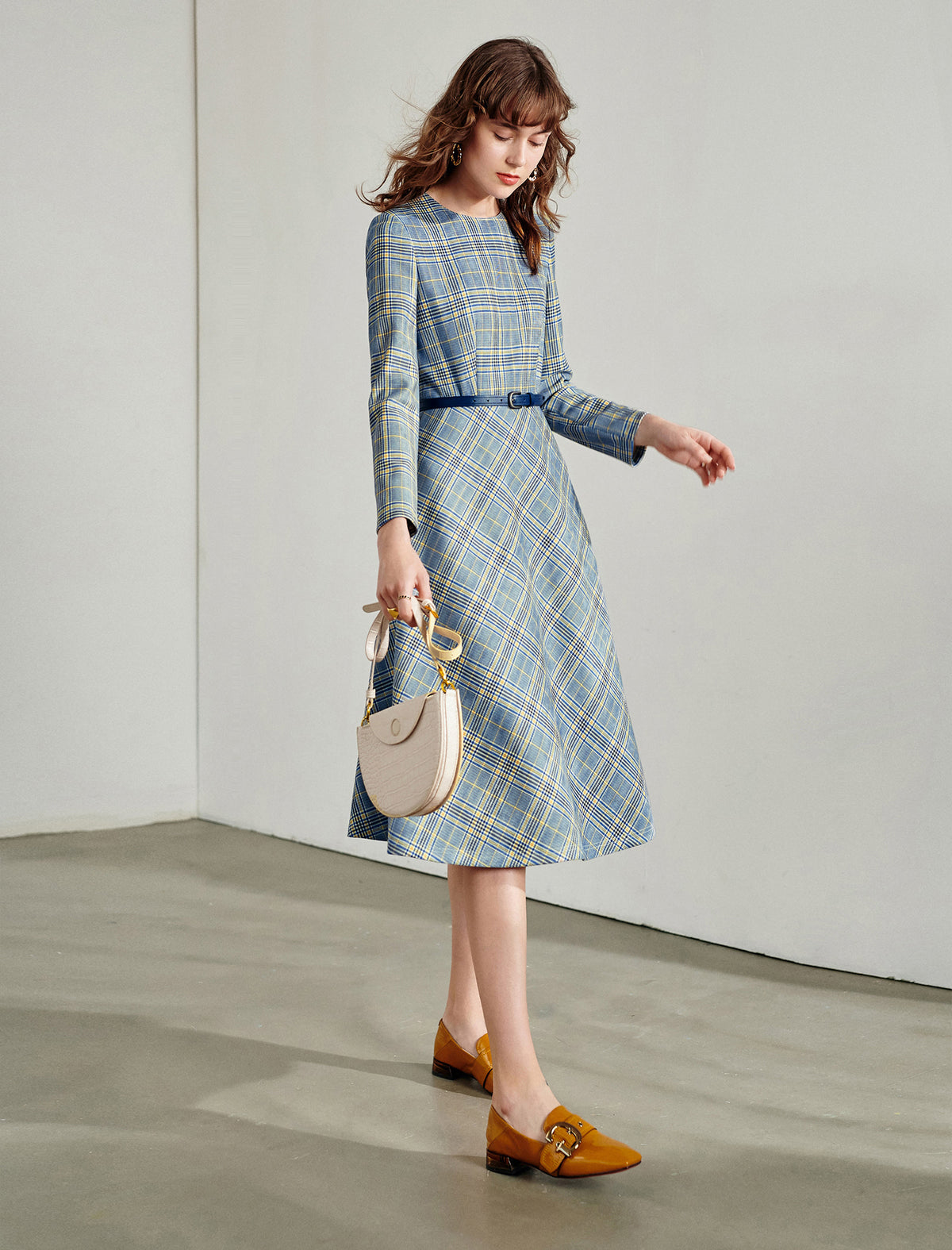 Blue Plaid Long Sleeve Midi Dress