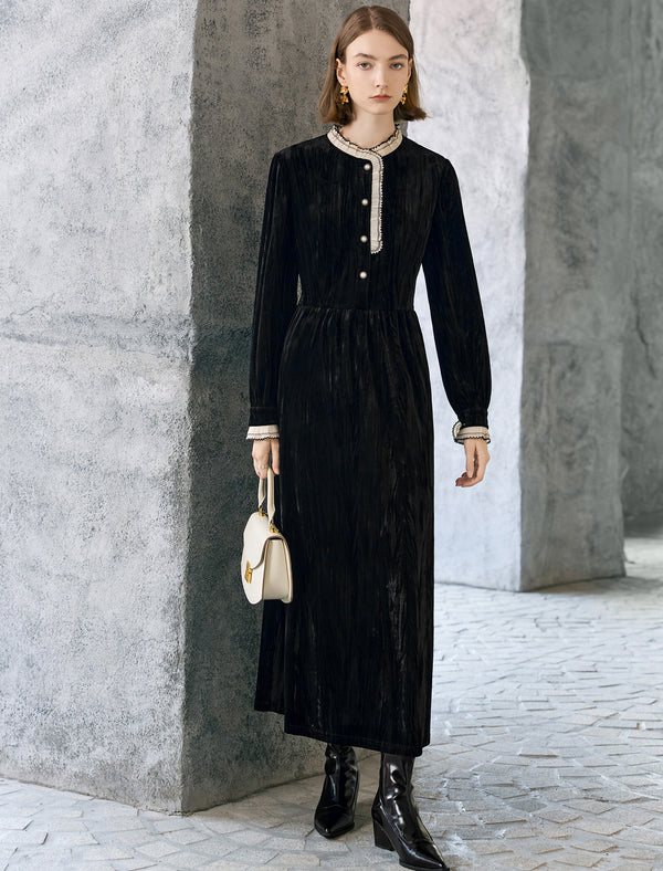 Black Velvet Contrast Trim Midi Dress