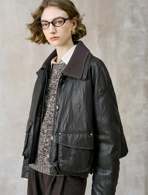 Faux Leather Knit Collar Down Jacket