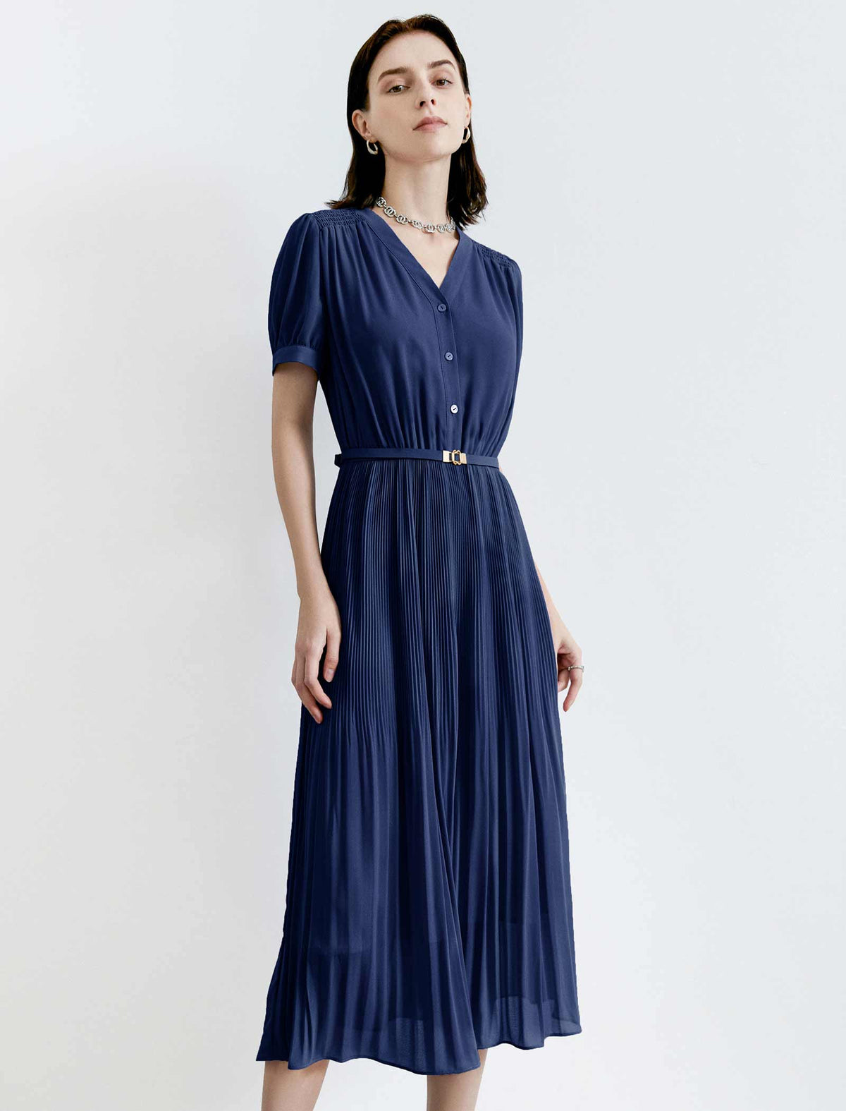 V-Neck Chiffon Pleated Midi Dress