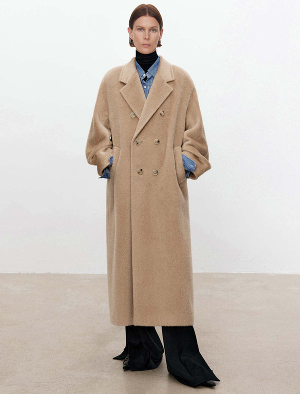 100% Alpaca Double-Breasted Wool Long Coat