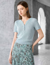 Wavy Openwork Tencel Linen Henley Knit Top
