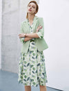 Green Leaf Print Shirt Dress with Satin Belt