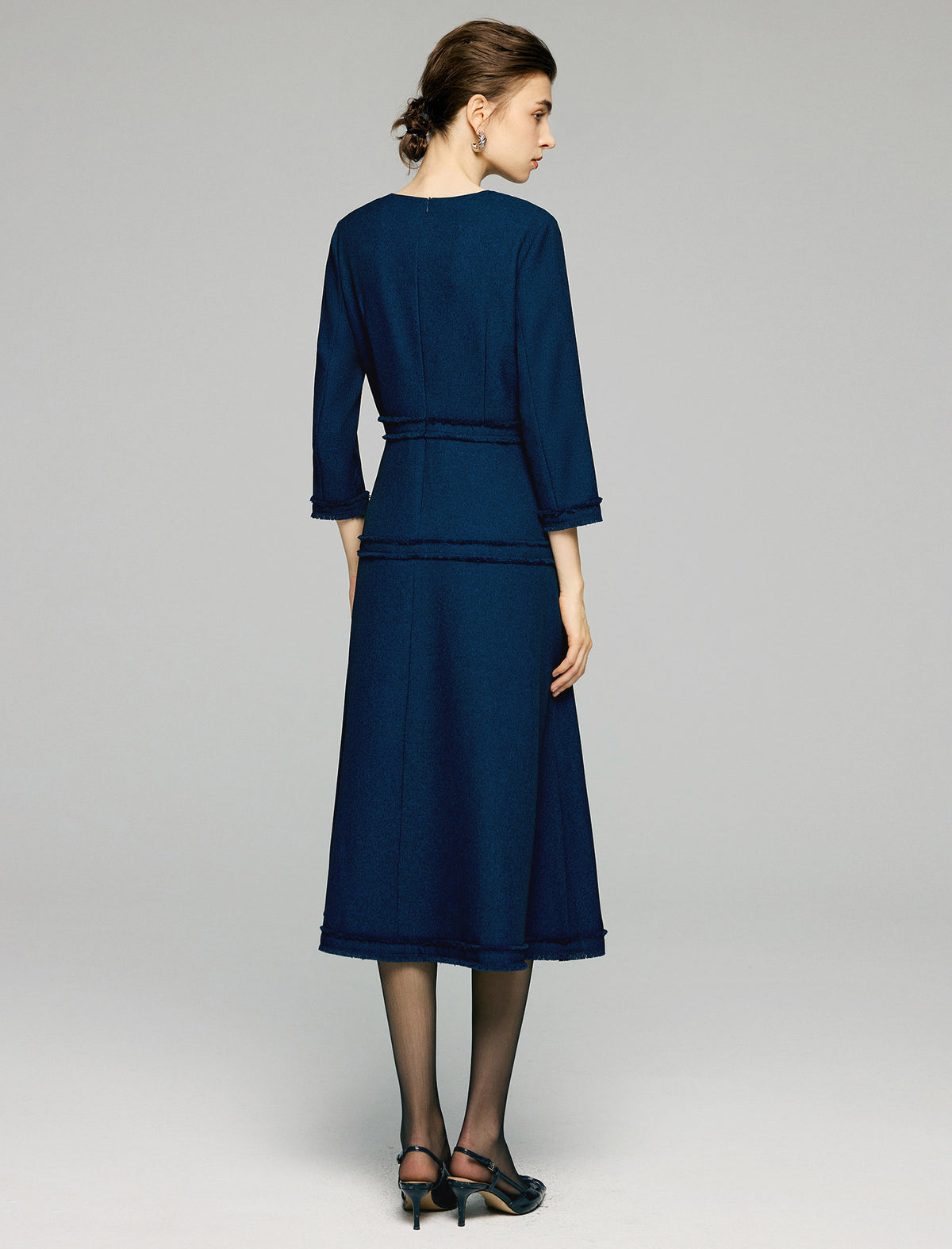 Sculpted Navy Texture Fringe Trim Midi Dress