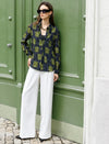 Abstract Grid Print Button-Down Blouse