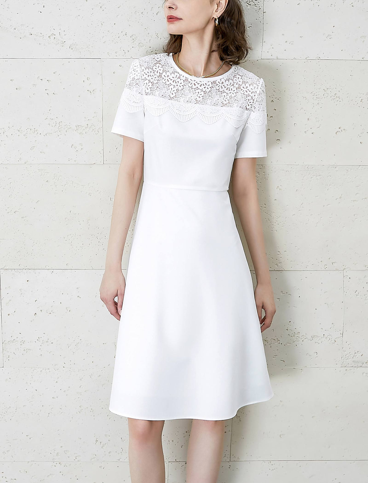 Lace Round Neck Waist-Cinched Dress