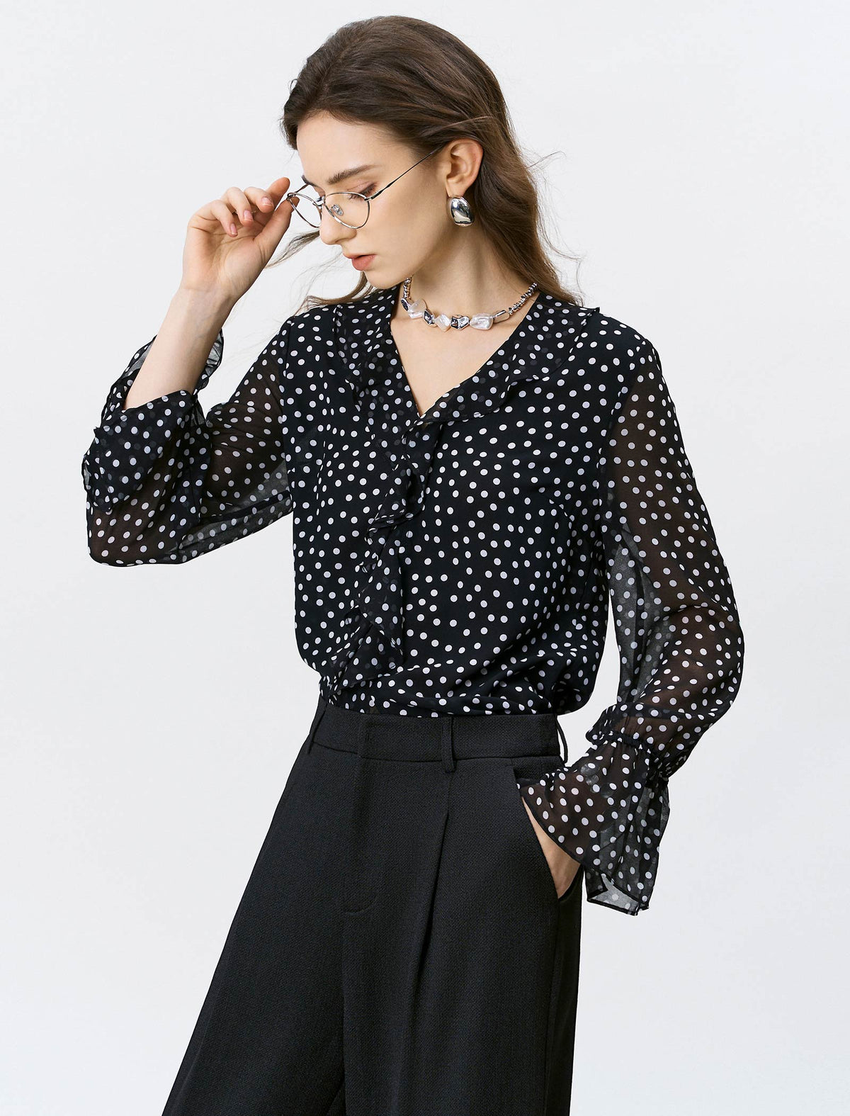 Black Polka Dot Ruffled Chiffon Blouse