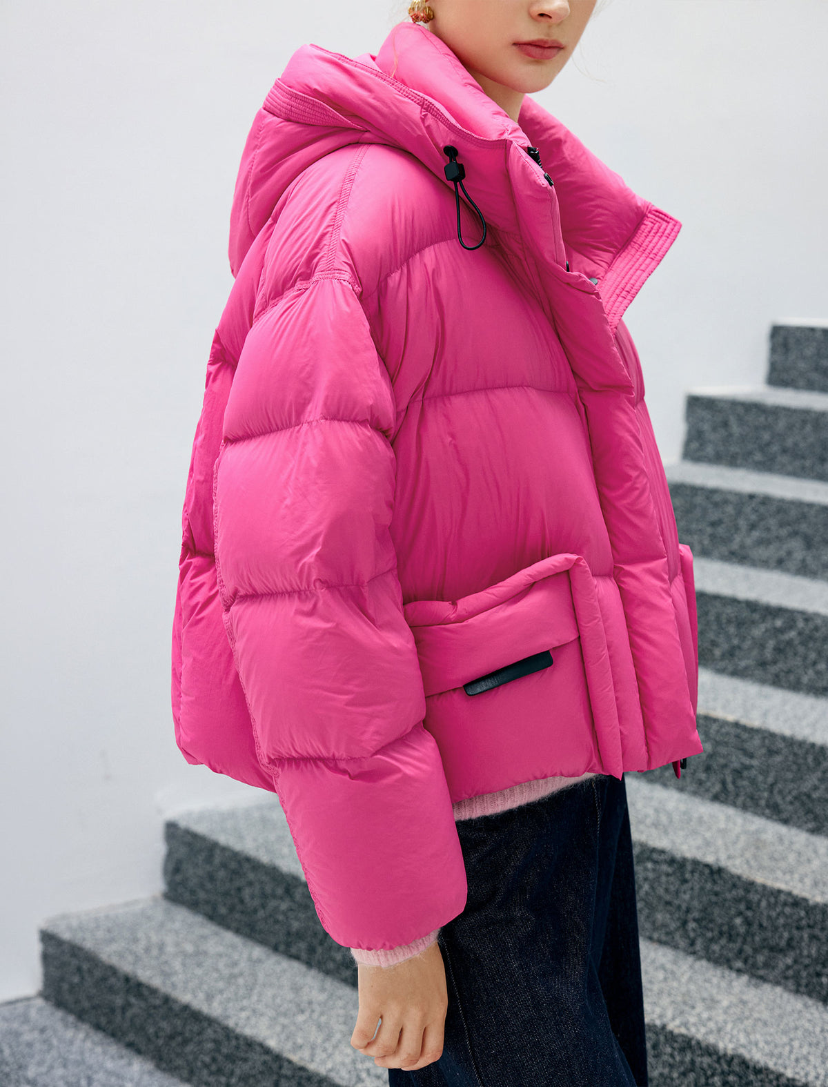 Hooded Drawstring Snap-Front Pocket Cropped Puffer Jacket