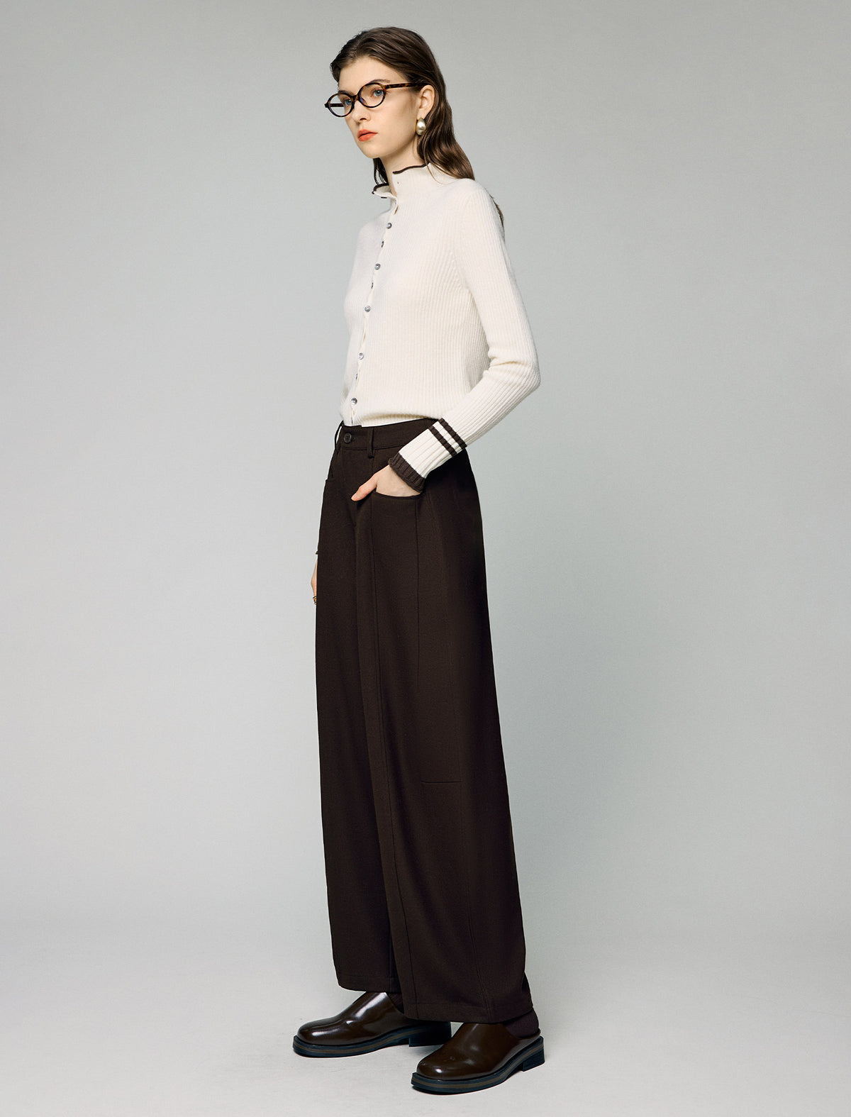 Wool Blend High-Waist Pocket Wide-Leg Pants