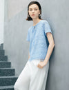 Geometric Lace Knit Tie-Neck Short Sleeve Top