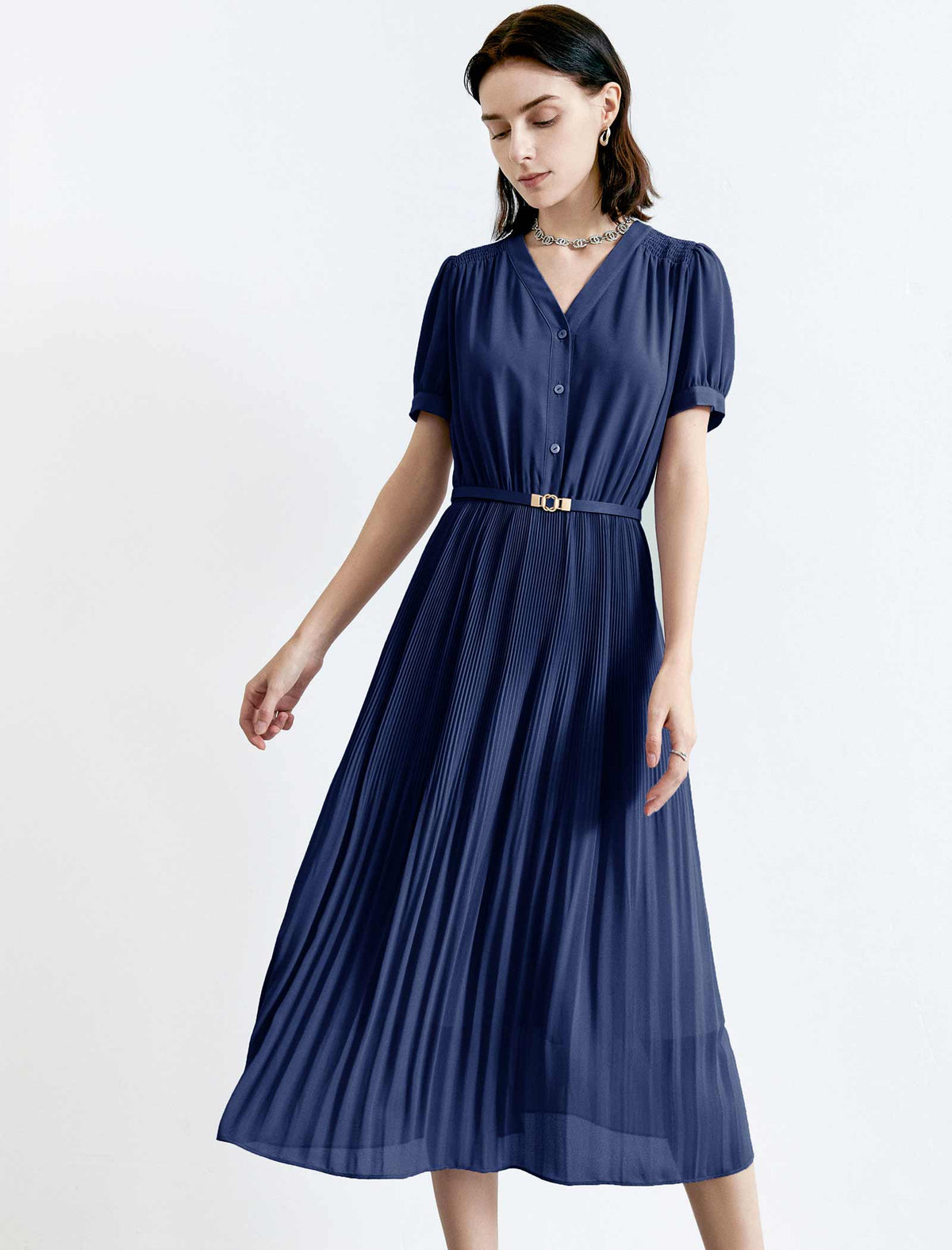 V-Neck Chiffon Pleated Midi Dress
