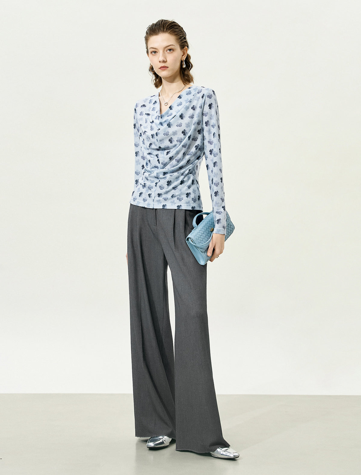 Floral Print Long-Sleeve Cowl-Neck Ruched Top