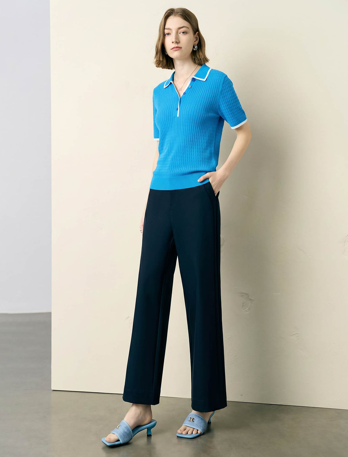 Contrast Trim Textured Knit Polo Short Sleeve Top
