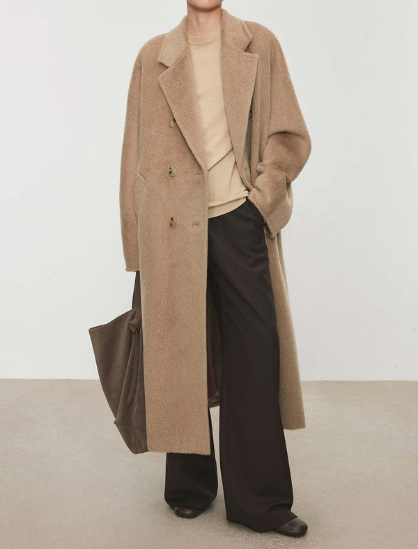 100% Alpaca Double-Breasted Wool Long Coat