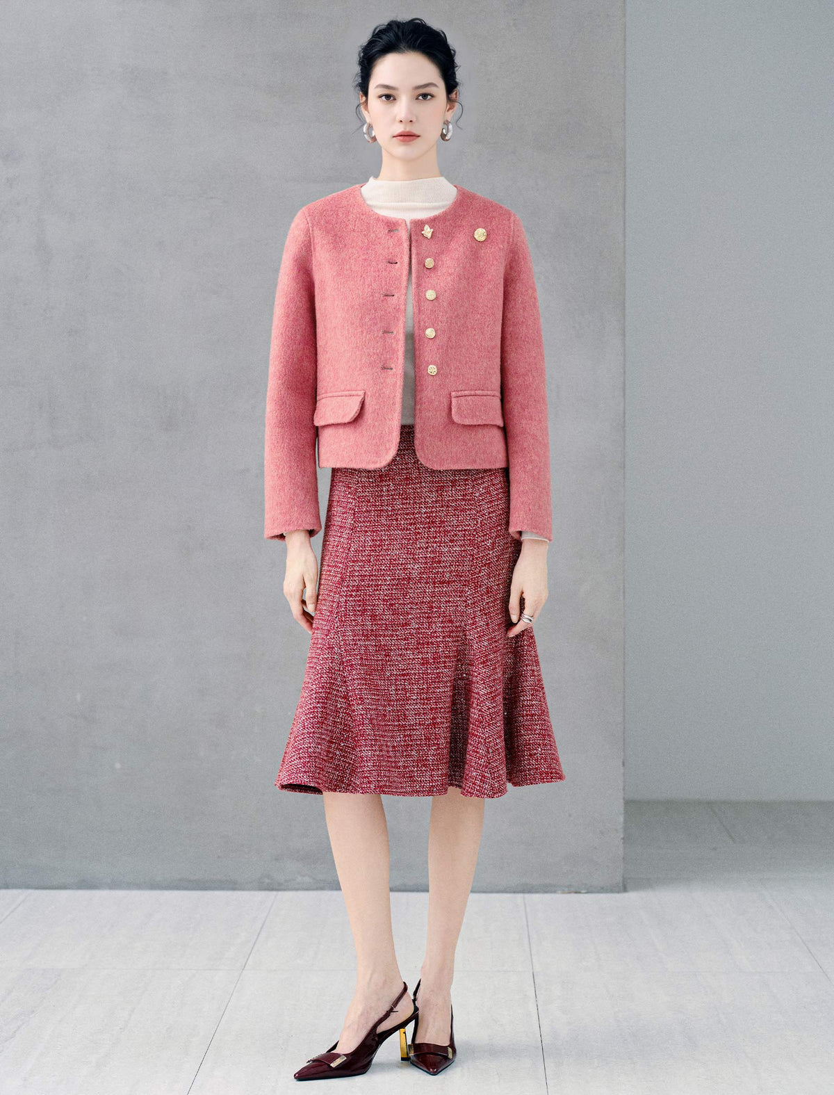 Wool Blend Round Neck Metal Button Cropped Jacket