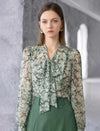Sheer Abstract Print Bow Neck Blouse