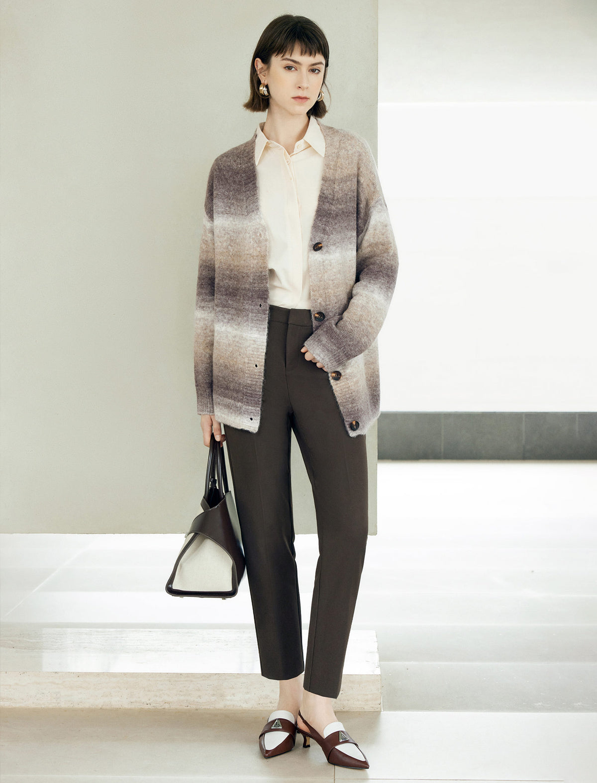 Wool Blend Gradient Stripe Open-Front Cardigan
