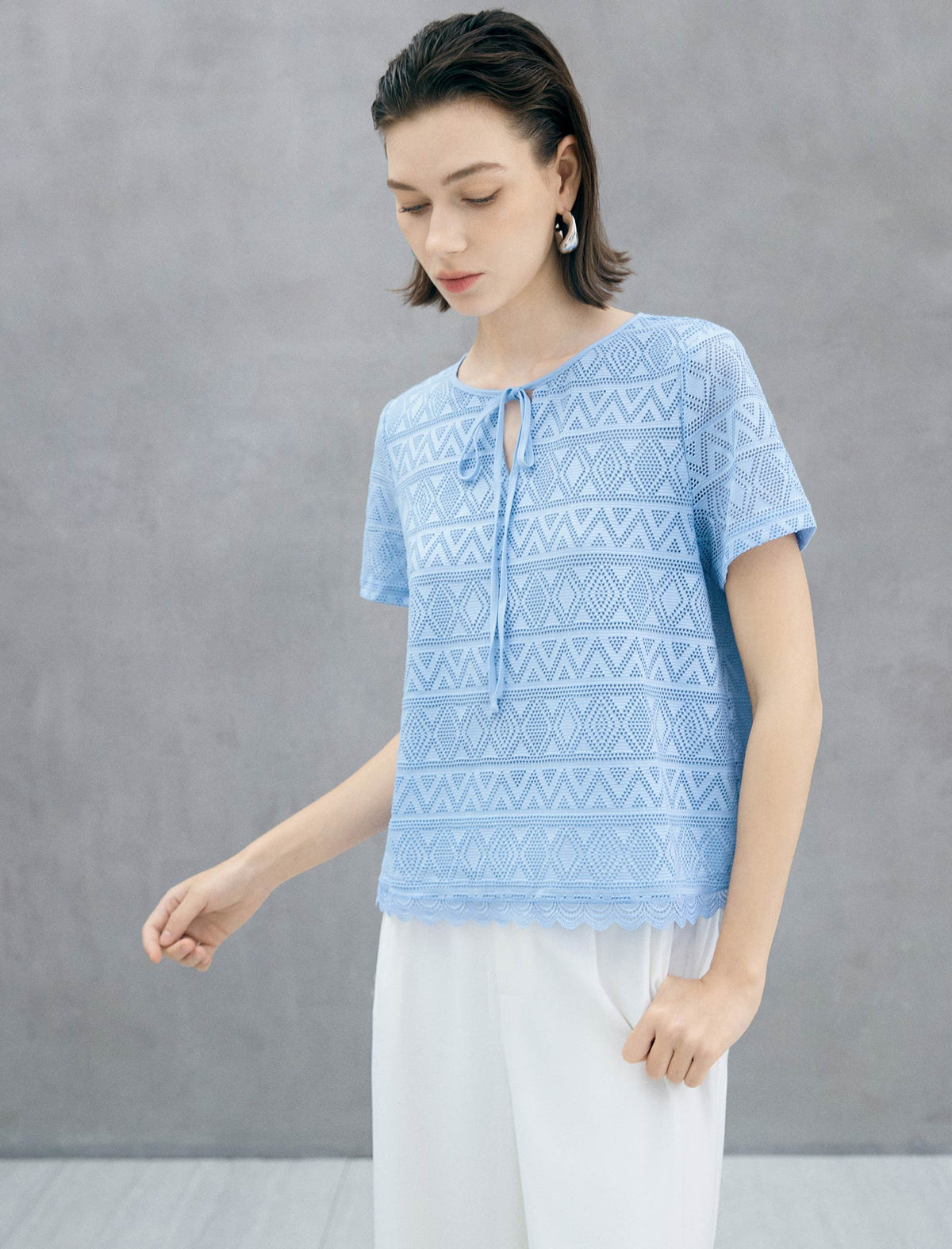 Geometric Lace Knit Tie-Neck Short Sleeve Top
