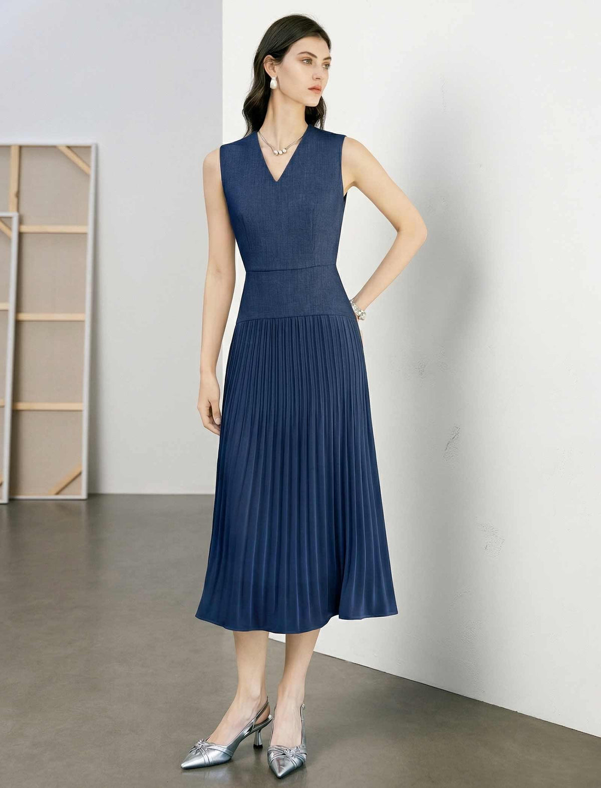 V-Neck Pleated Midi Dress
