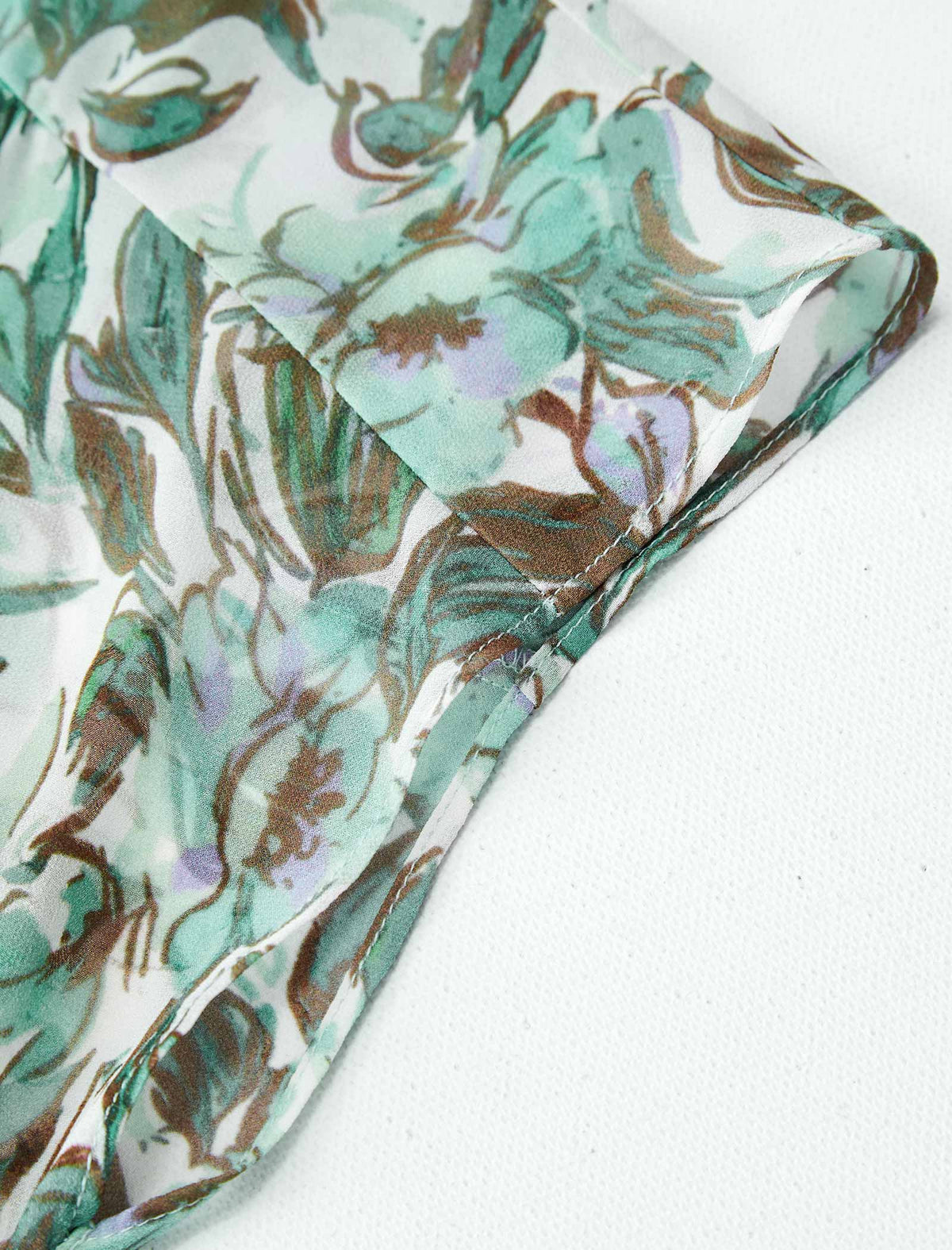 Green Floral V-Neck Tie Waist Midi Chiffon Dress