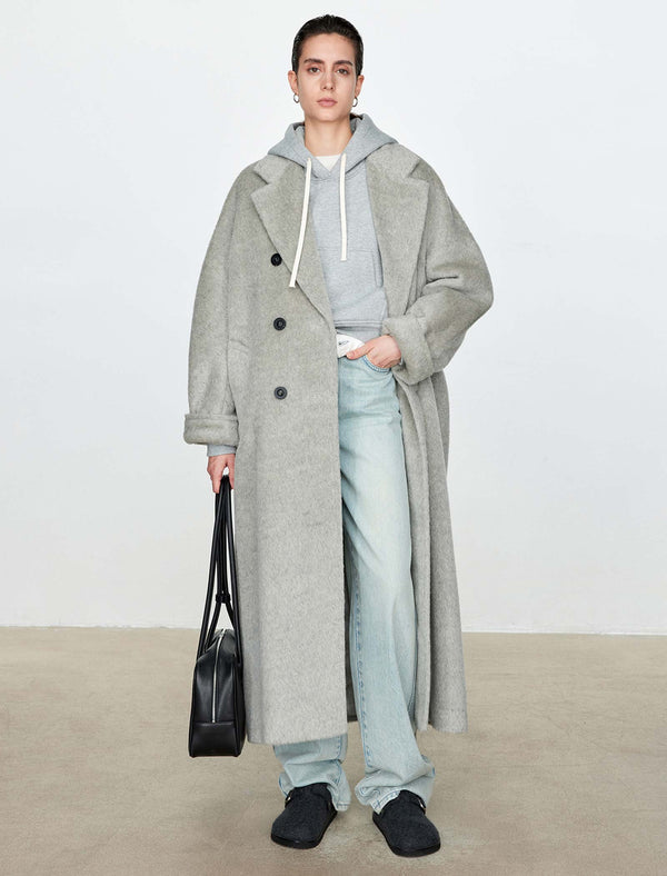 100% Alpaca Double-Breasted Wool Long Coat