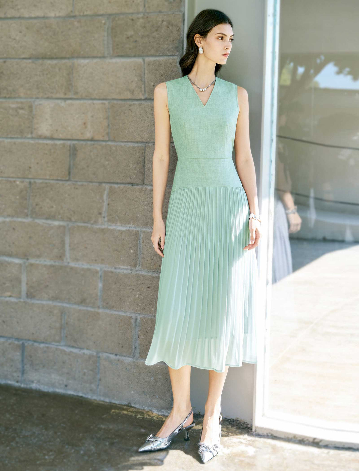 V-Neck Pleated Midi Dress