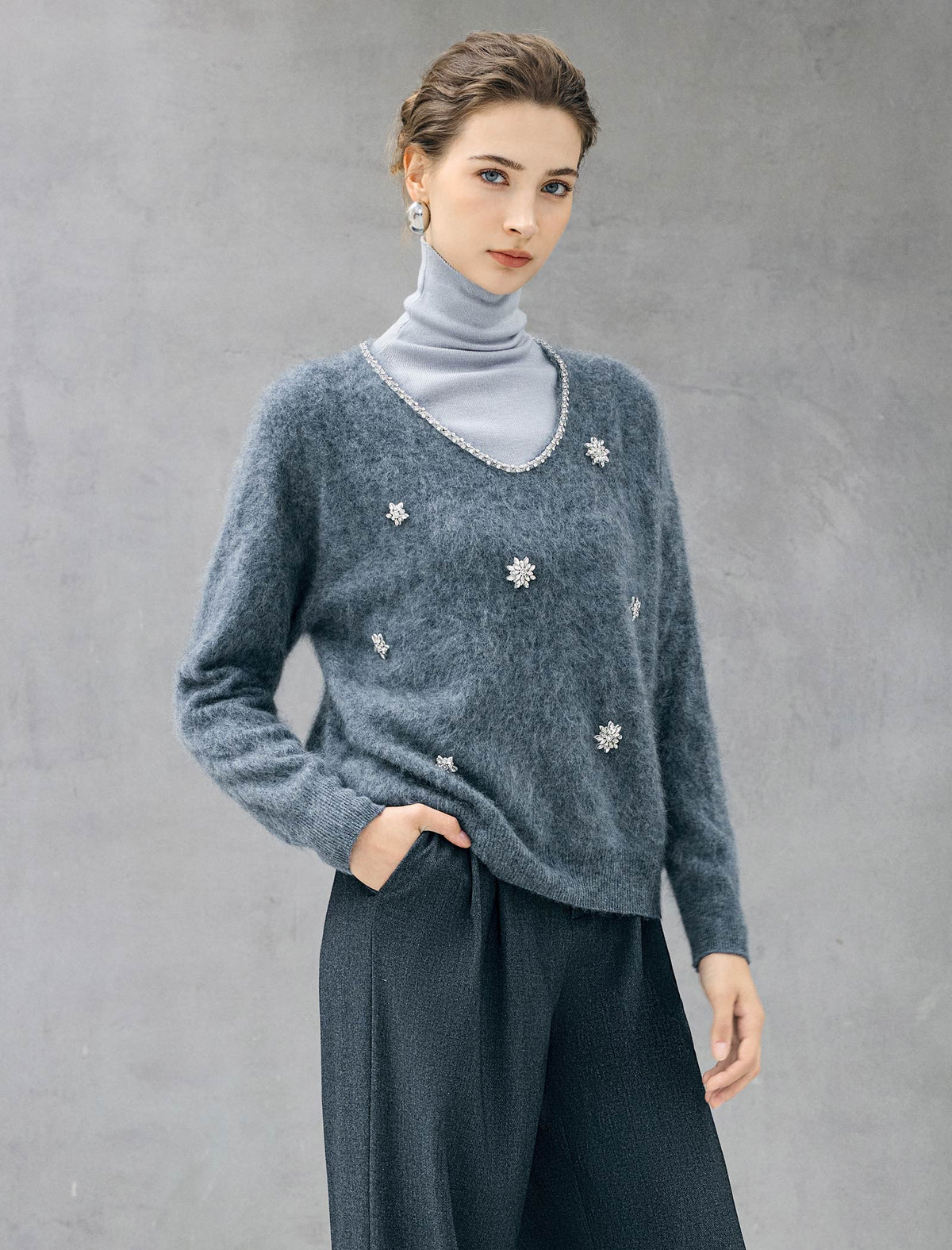 Wool and Mulberry Silk Blend Beaded V-Neck Sweater