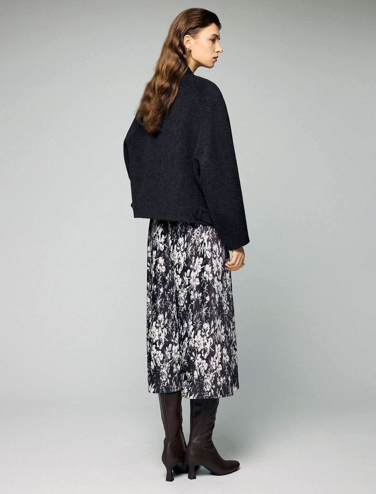 Wool Blend Ruched-Lapel Raglan-Sleeve Cropped Jacket