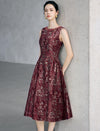 Textured Floral Sleeveless Beaded-Neckline A-Line Midi Dress