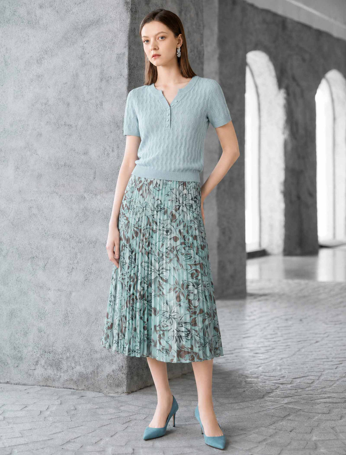 Wavy Openwork Tencel Linen Henley Knit Top