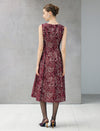 Textured Floral Sleeveless Beaded-Neckline A-Line Midi Dress