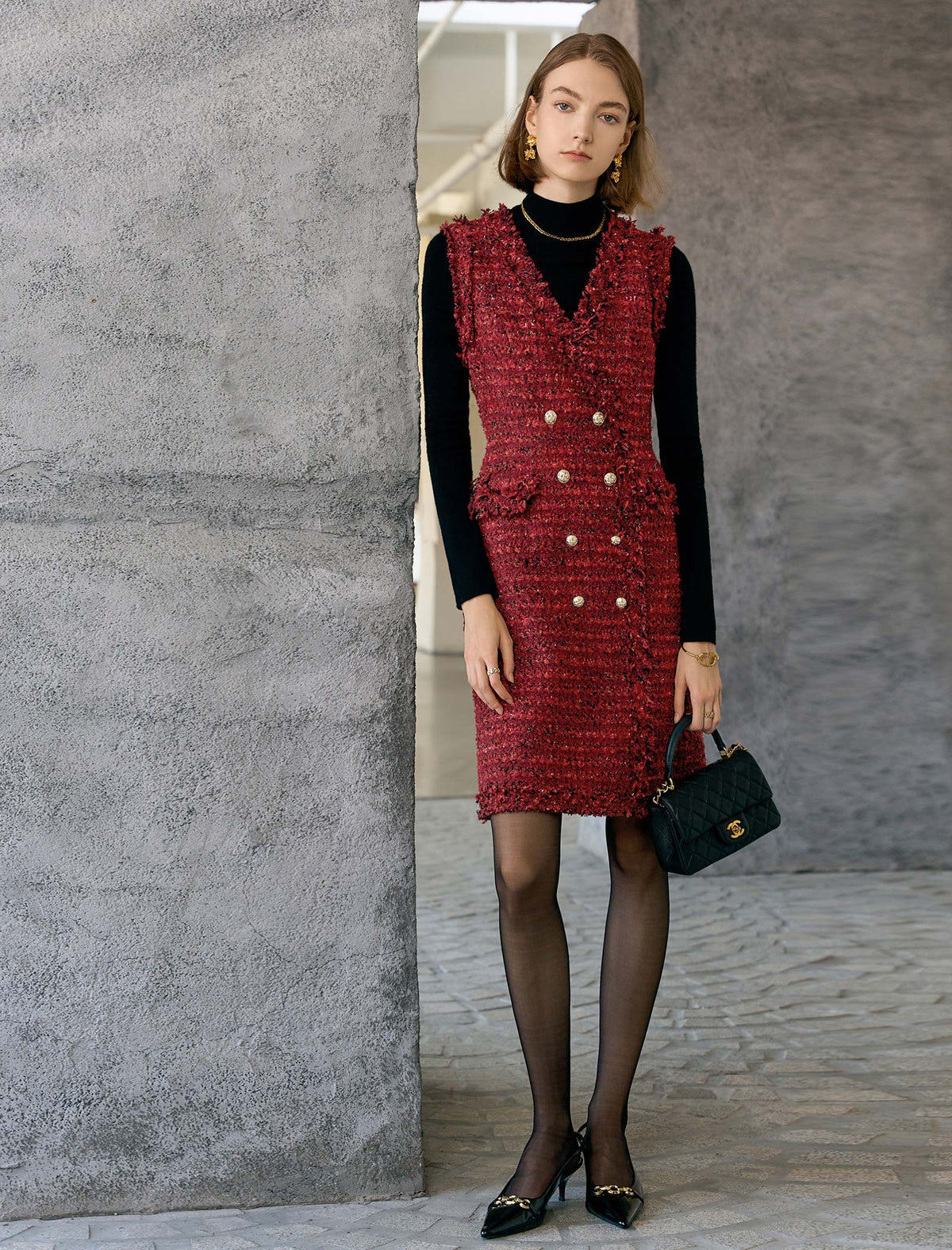 Tweed Double-Breasted Sleeveless Mini Dress