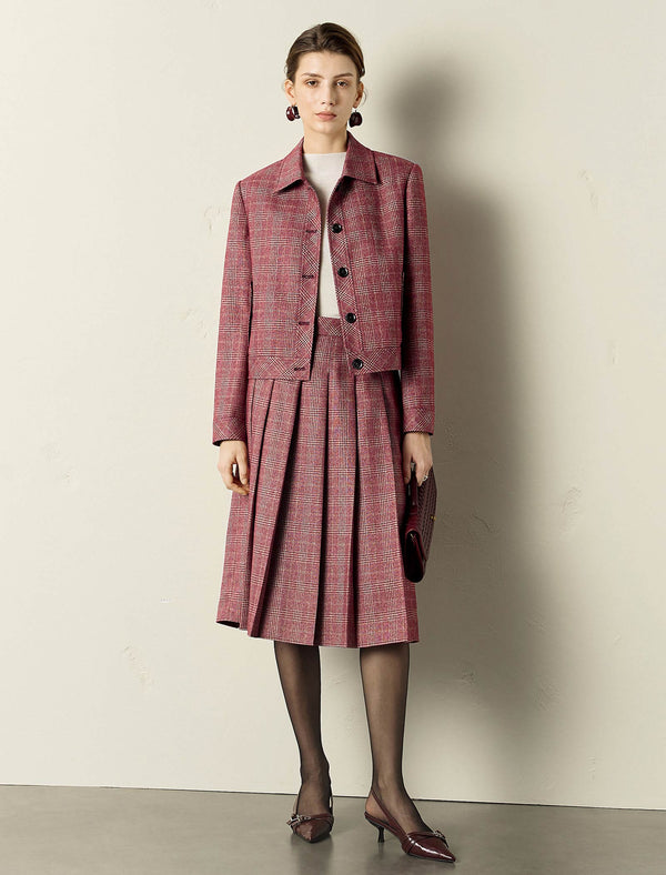Plaid Jacket and Pleated Skirt Two-Piece Set