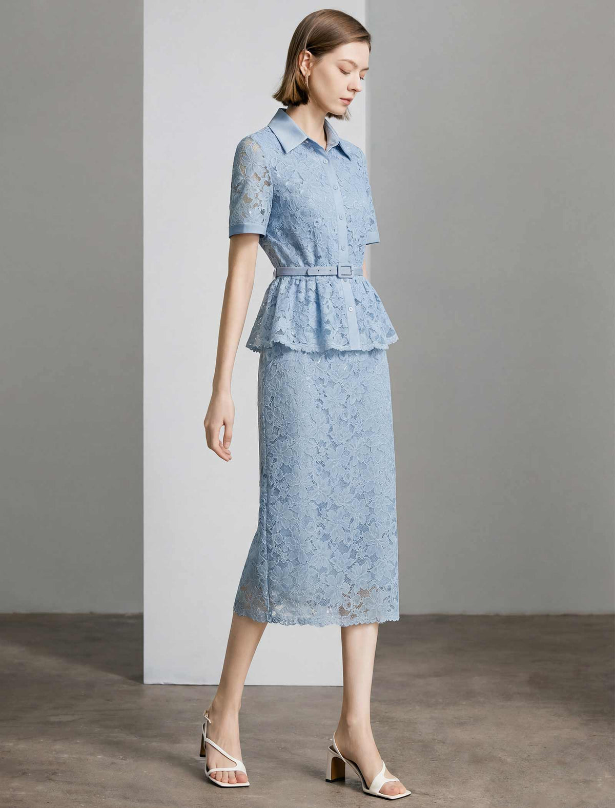 Light Blue Lace Peplum Button-Down Blouse