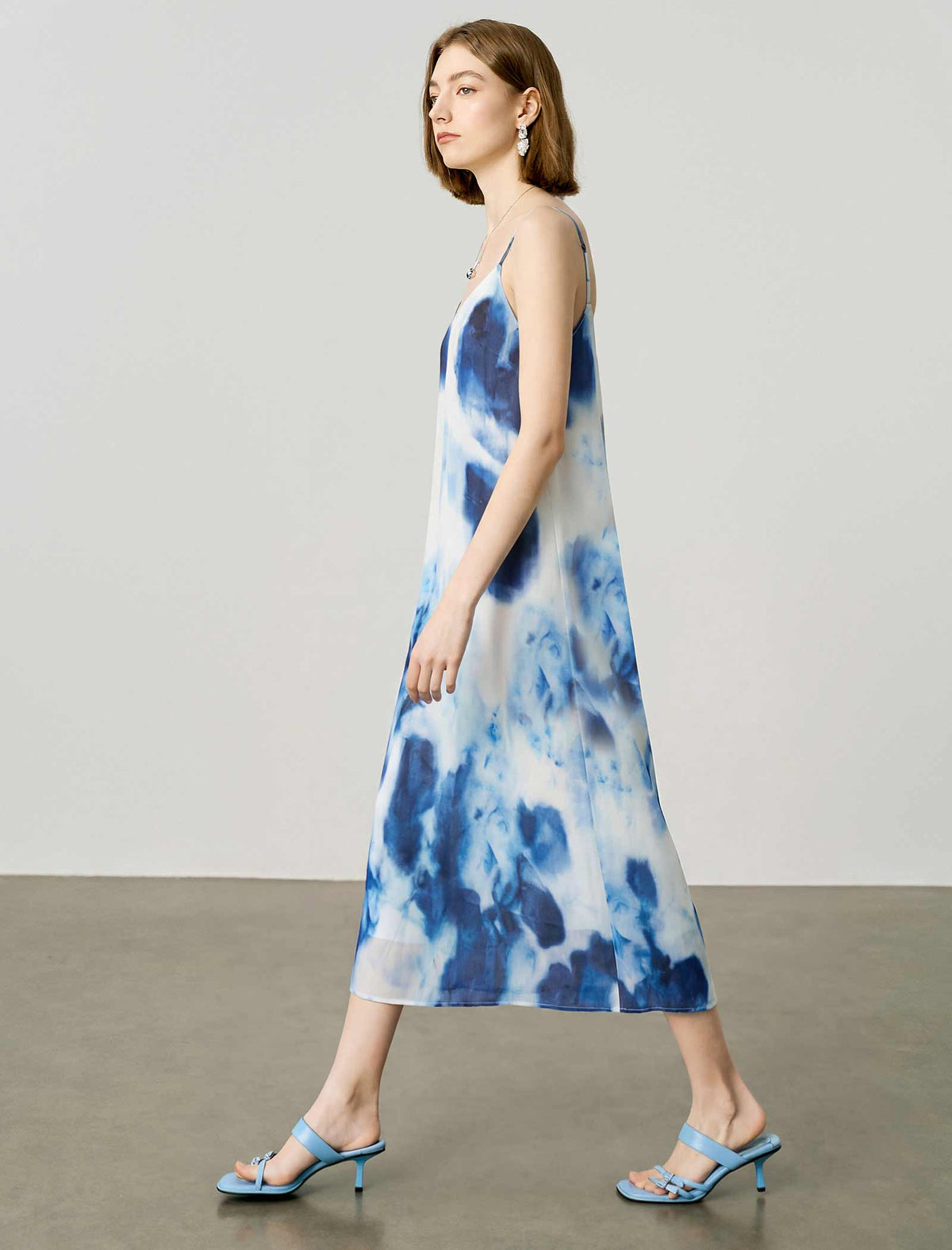 Tie-Dye Watercolor Print V-Neck Mulberry Silk Midi Slip Dress