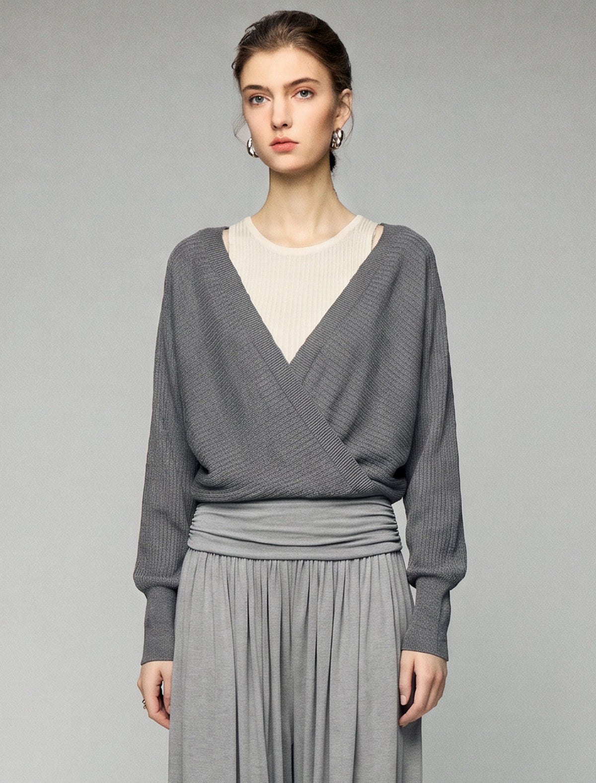 Layered Wrap Front Long Sleeve Sweater