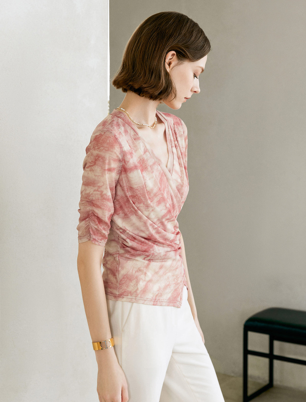 Tie Dye V-Neck Wrap Elbow Sleeve Top