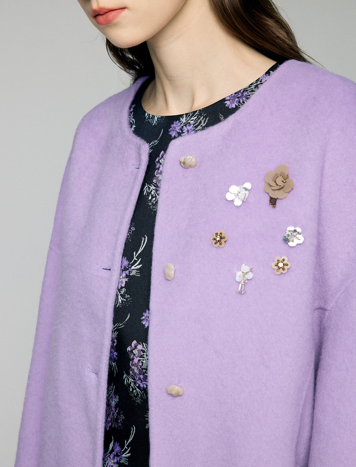 Wool Blend Beaded Floral Applique Crewneck Cropped Jacket
