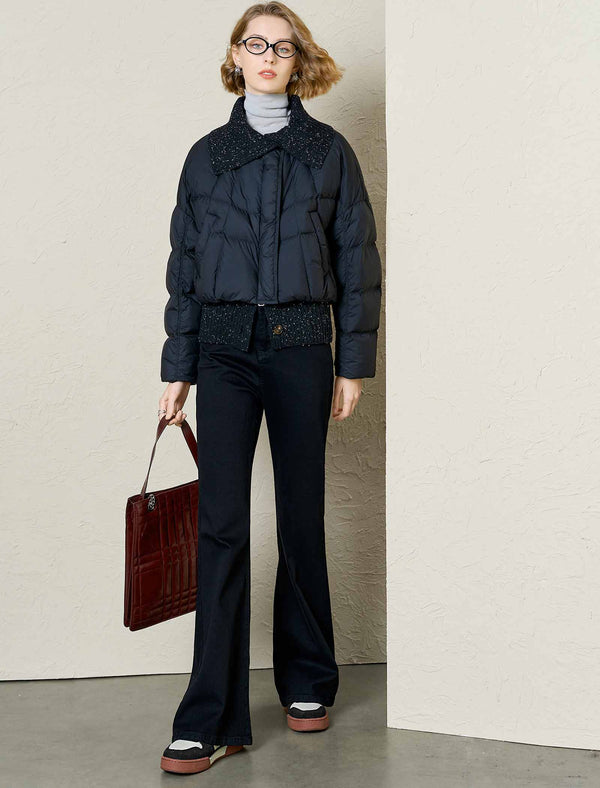 Knit-Collar Cropped Down Jacket