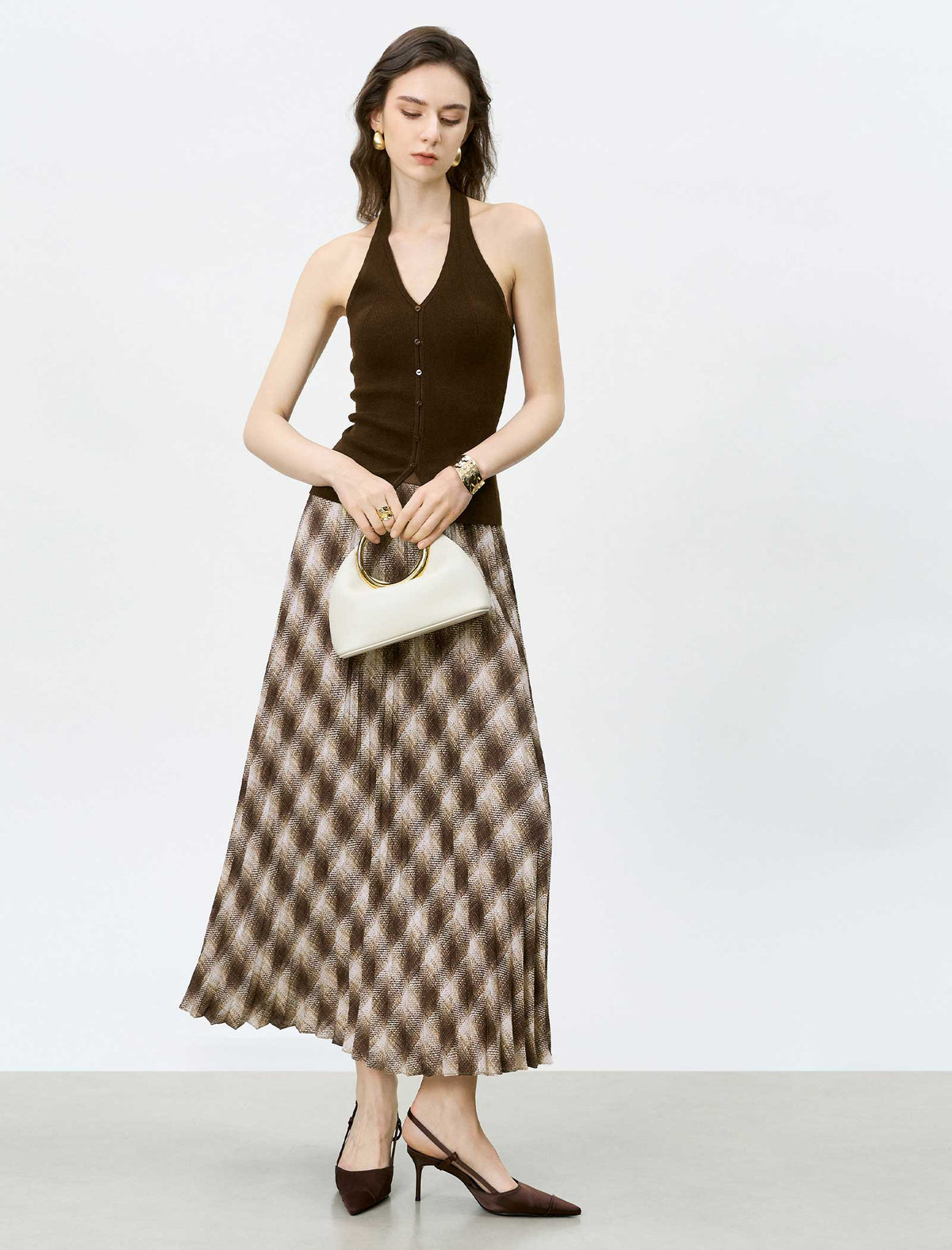 Brown Checked Pleated Midi Skirt