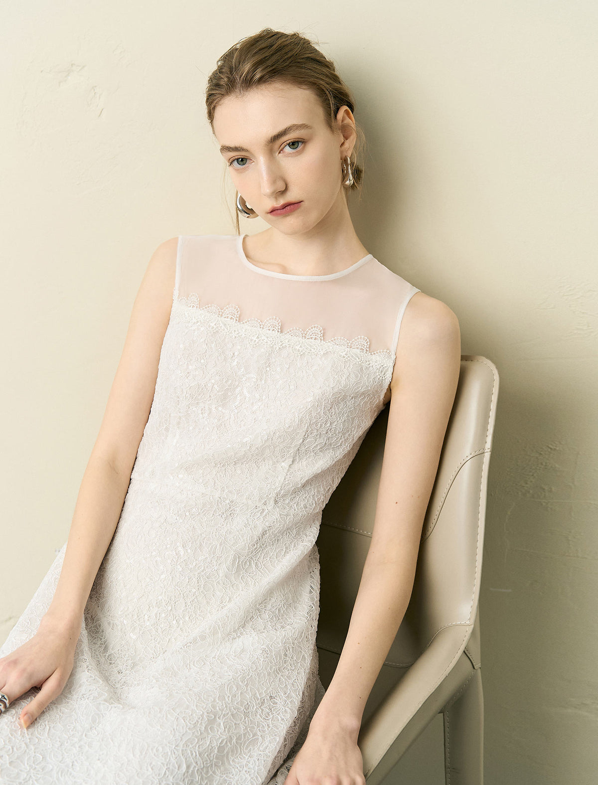 Sheer Neckline Lace Midi Dress