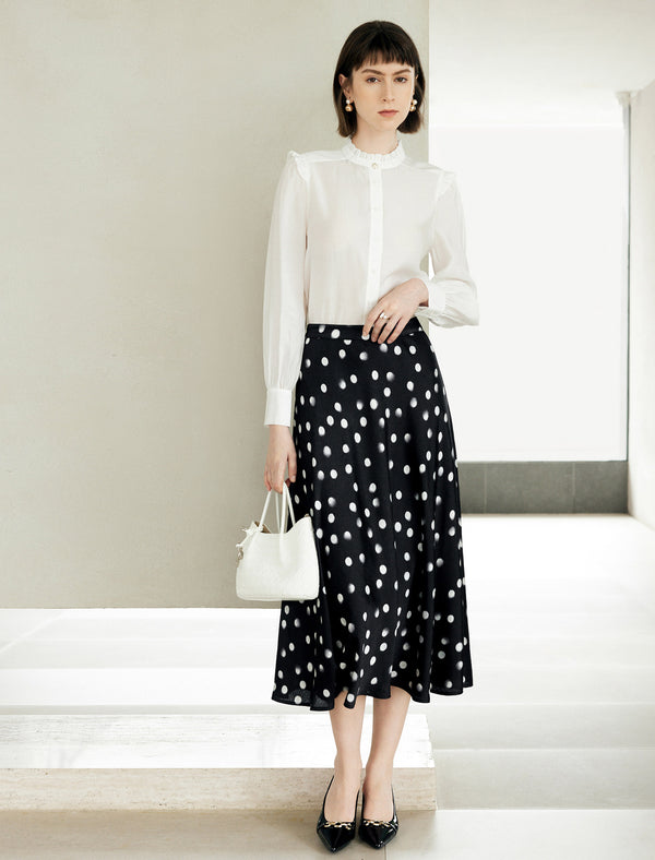 Elegant Ruffled Stand Collar Long-Sleeve Blouse