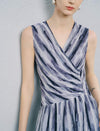 Sleeveless V Neck Watercolor Stripe Wrap Midi Dress