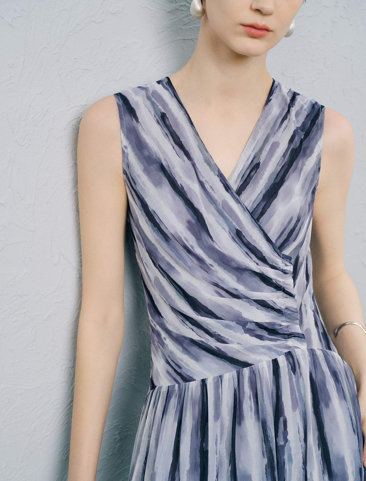 Sleeveless V Neck Watercolor Stripe Wrap Midi Dress